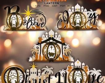May include: Set of five Nativity scene lantern designs with the words "Believe", "Joy", "Hope", "Christ", and "Jesus" in a decorative font. The designs feature a traditional manger scene with a star, palm trees, and a gold-colored lantern.