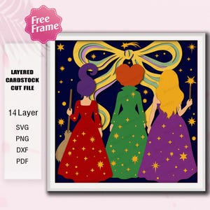 May include: A layered cardstock cut file featuring three figures in red, green, and purple dresses against a dark blue background with yellow stars and a large bow. Text includes Free Frame, Layered Cardstock Cut File, 14 Layer, SVG, PNG, DXF, PDF.