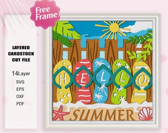 Infradito Hello Summer Shadow Box svg, Summer Beach Light Box Svg, Regalo estivo, Infradito 3D Box, Per file Cricut, Regalo 3D Box, Estate SVG