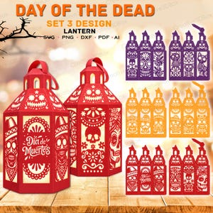 Könnte beinhalten: Ein Set digitaler Dateien für Day of the Dead Laternen mit filigranen lasergeschnittenen Motiven aus Totenköpfen, Blumen und Skeletten. Die roten Laternen zeigen den Text Dia de Muertos, weitere Farbvarianten sind in Lila und Orange.