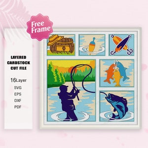 Caja de sombras de pesca svg, caja de luz de pescador svg, regalo del día del padre, decoración de pesca, caja de pesca 3D, pescador, pesca svg para archivo Cricut