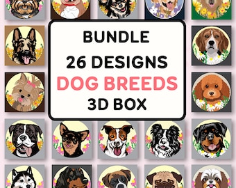 May include: A digital illustration of 26 different dog breeds in a 3D box format. Each breed is depicted in a cartoon style with a colorful background. The text "Bundle 26 Designs Dog Breeds 3D Box" is displayed in the center of the image.