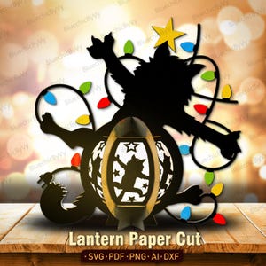 May include: Black silhouette of a cat with outstretched arms, holding a lantern with a cat silhouette inside. The lantern is decorated with a star and string lights. The text "Lantern Paper Cut" is at the bottom.