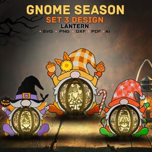 Zestaw Gnome Season Lantern Svg, Gnome Shadow Box, Lantern Paper Cut, Christmas Gnome Lantern, Halloween Gnome 3D Box, Gnome Thanksgiving