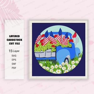 Caja de sombras de camiones patrióticos, Caja de sombras patriótica, Caja de luz de bandera estadounidense Svg, 4 de julio, Archivo Cricut Svg, Día de la Independencia, Camión Patriótico