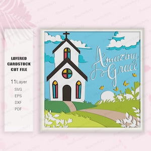 Amazing Grace Shadow Box SVG, Country Church Shadow Box, regalo di Natale, Amazing Grace svg, decorazioni per chiesa di campagna, cristiano Svg, chiesa Svg