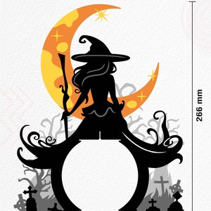 May include: A black silhouette of a witch sitting on a crescent moon with a yellow and orange gradient. The witch is holding a broom and has long hair. The background is a graveyard with tombstones and trees. The image is 202 mm wide and 266 mm tall.