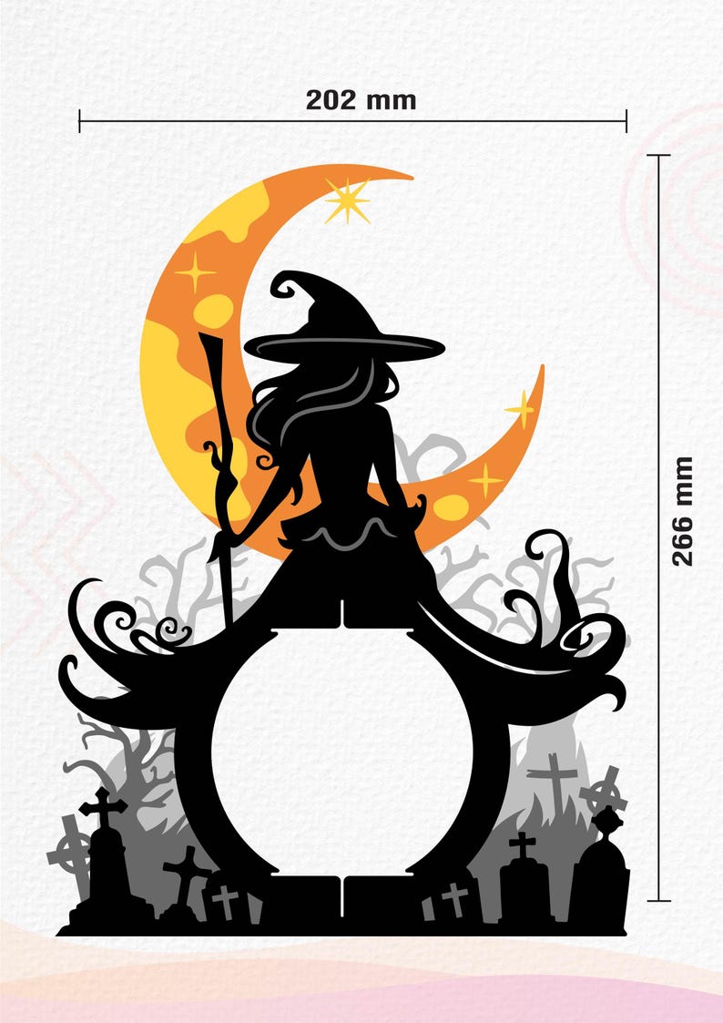 May include: A black silhouette of a witch sitting on a crescent moon with a yellow and orange gradient. The witch is holding a broom and has long hair. The background is a graveyard with tombstones and trees. The image is 202 mm wide and 266 mm tall.