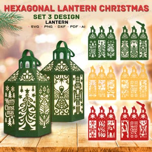 Puede incluir: Un conjunto de tres linternas hexagonales de Navidad con diseños intrincados cortados con láser, incluyendo árboles de Navidad, ángeles, cascanueces y renos. El set de archivos digitales incluye formatos SVG, PNG, DXF, PDF y AI.