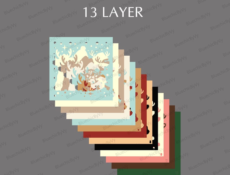 May include: A stack of 13 layered paper cutouts with a winter theme. The top cutout features a light blue background with reindeer and snowflakes. The other layers are various colors, including beige, brown, and red.