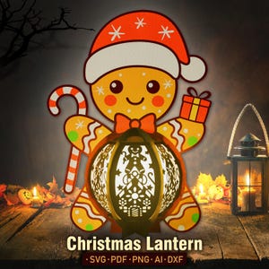 Lanterna di Natale carina di pan di zenzero Svg, scatola delle ombre di pan di zenzero, carta tagliata della lanterna, lanterna di Natale, Natale di pan di zenzero, decorazioni di Natale