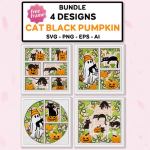 Bundle chat noir et citrouille Shadow Box Svg, boîte Halloween 3D, chat svg, svg fantôme avec chat, citrouille d'Halloween, pour fichier Cricut, décoration d'Halloween