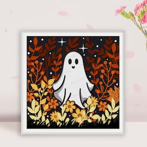 May include: A white ghost with a friendly face stands in a field of orange, yellow, and brown flowers. The background is a dark blue with white stars.