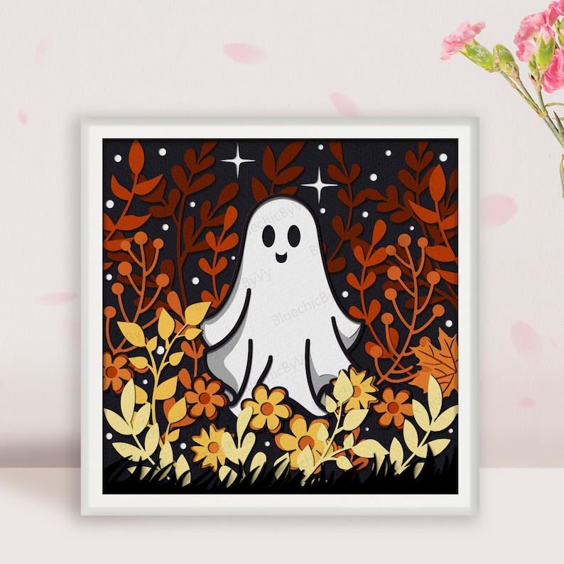May include: A white ghost with a friendly face stands in a field of orange, yellow, and brown flowers. The background is a dark blue with white stars.