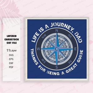 May include: A blue cardstock cut file with a compass design and the text "Life is a journey, Dad. Thanks for being a great guide."
