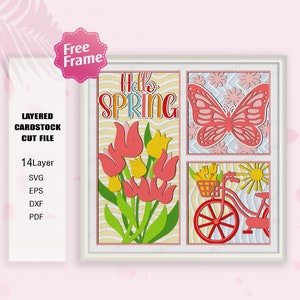 Hallo Frühling Schatten Box SVG, Frühling Blumen Licht Box, Frühling Fahrrad 3D Box, Frühling Geschenk, Frühling Schmetterling Schatten Box, für Cricut, Frühling Dekor