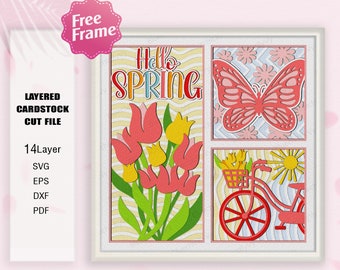 Hallo Frühling Schatten Box SVG, Frühling Blumen Licht Box, Frühling Fahrrad 3D Box, Frühling Geschenk, Frühling Schmetterling Schatten Box, für Cricut, Frühling Dekor