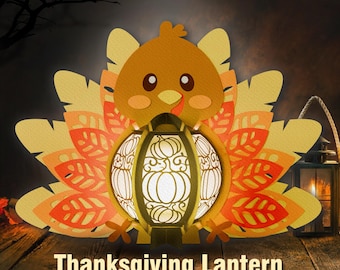 May include: A Thanksgiving lantern shaped like a turkey with a carved pumpkin design. The lantern is made of wood and has a warm, orange glow. The text "Thanksgiving Lantern" is written below the lantern.