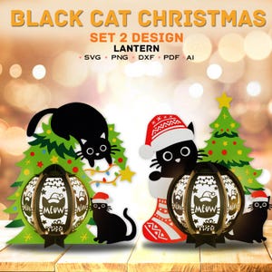 Bundle chat noir Noël lanterne Svg, chat noir de Noël, chat noir ombre boîte, lanterne PaperCut, lanterne de Noël, chat noir svg, chat lanterne