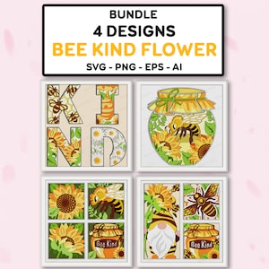 Bundle Bee Kind Flower Shadow Box svg, Bee Sunflowers Shadow Box,Window Bee Light Box Svg,Bee 3D Box,For Cricut File,shadow box Gift,Bee SVG
