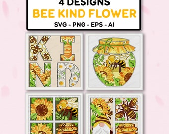 Bündel Biene Art Blume Schatten Box svg, Biene Sonnenblumen Schatten Box, Fenster Biene Licht Box SVG, Biene 3D Box, für Cricut Datei, Schattenbox Geschenk, Biene SVG