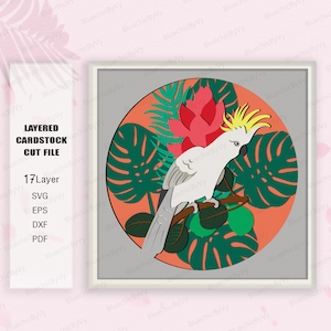 Pappagallo Cacatua Uccello tropicale Shadow Box SVG, Cacatua Shadow Box, Per cricut, Cacatua Light Box Svg, Regalo Shadow Box, fiore Cacatua svg