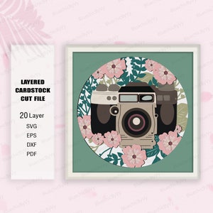 Shadow Box floral pour appareil photo, cadeau pour amateur de photographie, caisson lumineux pour appareil photo Svg, cadeau photographe, Shadow Box pour appareil photo, pour fichier Cricut, appareil photo SVG