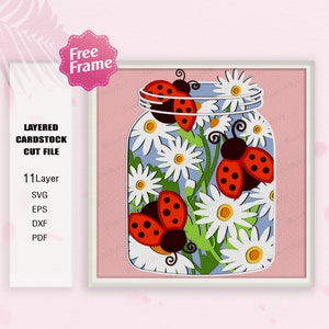 Coccinella in barattolo fiore Shadow Box SVG, Coccinella e margherita fiore Shadow Box, Coccinella 3D Box, Coccinella Light Box svg, Coccinella svg, Margherita svg