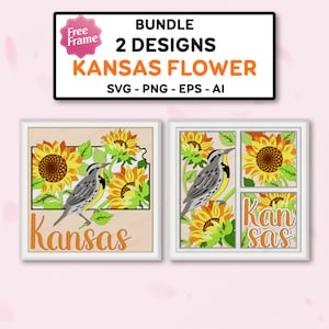 Bundle Kansas Flower e Bird Shadow Box SVG,Kansas Flower 3D Box, Girasole in formato svg,Kansas State Bird, Per file cricut,Kansas Flower Bird Decor