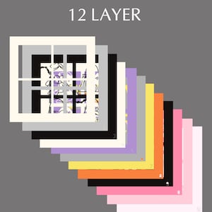 May include: A graphic design with 12 layers, each layer is a different color. The colors are: white, gray, black, cream, purple, light gray, yellow, orange, black, pink, light pink, and white.