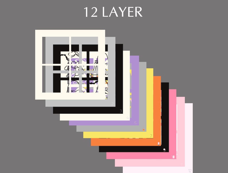 May include: A graphic design with 12 layers, each layer is a different color. The colors are: white, gray, black, cream, purple, light gray, yellow, orange, black, pink, light pink, and white.