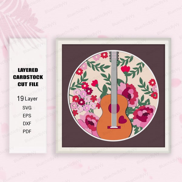 GUITAR Floral Shadow Box, Guitar Lover Gift, Guitar Light Box Svg, Music Gift, Guitar Shadow Box, For Cricut File, Guitar SVG, Love Music