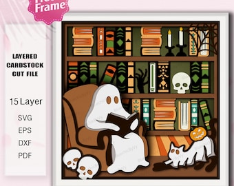 Ghost Reading Halloween Shadow Box SVG, 15 Layer Spooky Library Cut File With Cat Skulls Candles Books For Fun Holiday Decor /K601