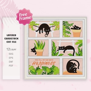 Caja de sombras 3D de gato y planta Svg, caja 3D de gato y planta, caja de luz de gato y planta svg, para Cricut, SVG de gato y planta, regalo de caja de sombras, SVG de gato