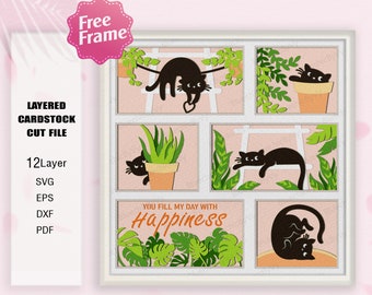 Cat and Plant 3D Shadow Box Svg, Cat and Plant 3D Box, Cat and Plant Light Box svg, For Cricut, Cat and Plant SVG, Shadow Box Gift, Cat SVG