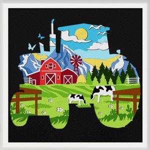 May include: A layered paper art piece showing a farm scene within a tractor outline. It features a red barn, cows, a windmill, mountains, and a blue sky with a sun and clouds. The background is black, presented in a white frame.