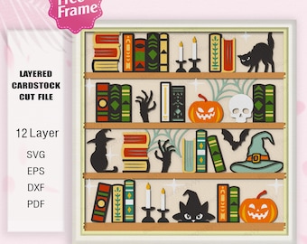 Halloween Library Shadow Box Svg,Library 3D Box,Halloween Library svg,bookshelf svg, bookshelf Halloween,Halloween Cricut File,Library Decor