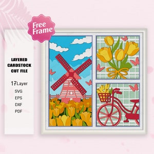 Väderkvarnar Blomfält Tulpan Shadow Box SVG, Blomfält Tulpan 3D Box, Väderkvarnar Blomfält Tulpan svg, Väderkvarnar Dekor, För Cricut-fil