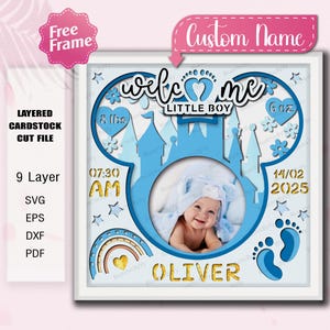 Cuadro de sombras SVG con estadísticas de bebé niño, nombre personalizado, información de nacimiento, huellas y marco de fotos. Idea de regalo de arte en papel para recién nacidos en capas /K536