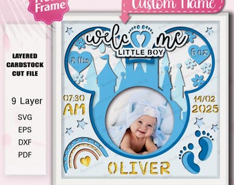 Baby Boy Stats Shadow Box SVG With Custom Name, Birth Info, Footprints And Photo Frame, Layered Newborn Paper Art Gift Idea /K536