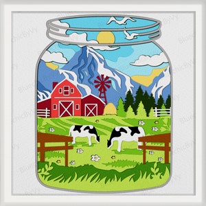 May include: A paper art piece showing a farm scene within a mason jar. The scene features a red barn, windmill, mountains, cows, and a blue sky with a sun and birds. The artwork is framed with a white border.