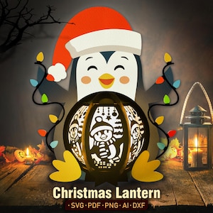 Schattige pinguïn kerstlantaarn Svg, Penguin Shadow Box, lantaarn papier gesneden, kerstlantaarn, pinguïn 3D, pinguïn kerst, kerstdecor