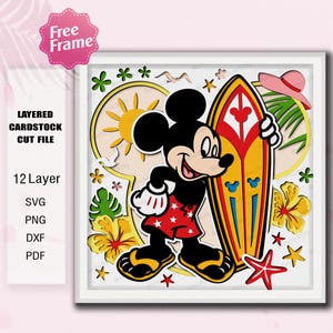 May include: A layered cardstock cut file featuring Mickey Mouse in red swim trunks and yellow sandals, holding a surfboard. The design includes a sun, flowers, and a pink hat, with the text "Free Frame".