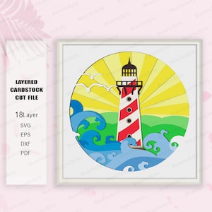 Puede incluir: Un diseño de archivo de corte de cartulina en capas con un faro de rayas rojas y blancas, sobre un sol amarillo y olas azules. Incluye texto: "LAYERED CARDSTOCK CUT FILE", "18 Layer", "SVG", "EPS", "DXF", "PDF".