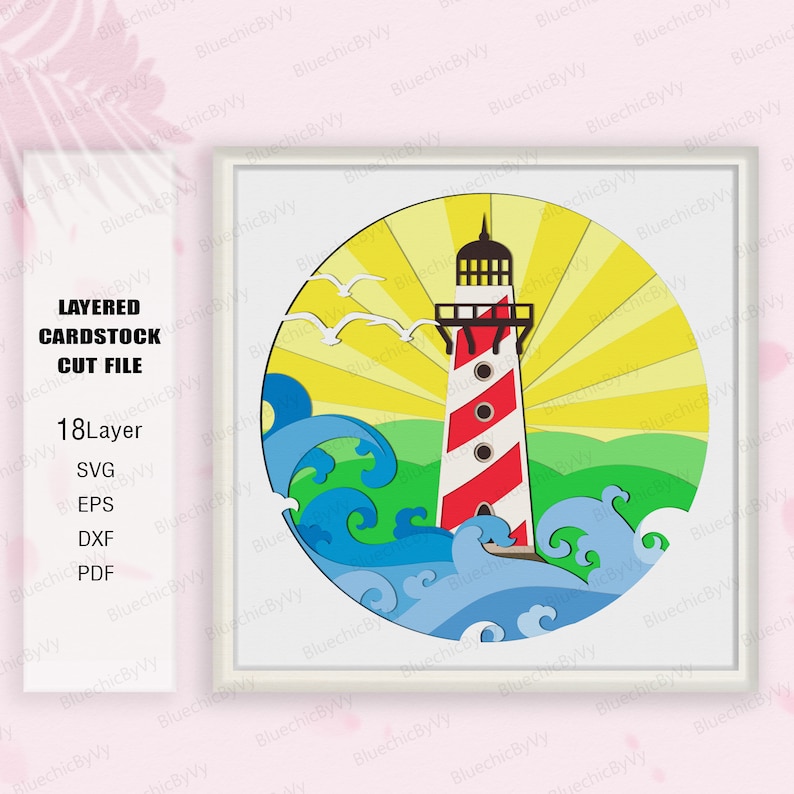 May include: A layered cardstock cut file design featuring a lighthouse with red and white stripes, set against a yellow sunburst and blue waves. Includes text: "LAYERED CARDSTOCK CUT FILE", "18 Layer", "SVG", "EPS", "DXF", "PDF".