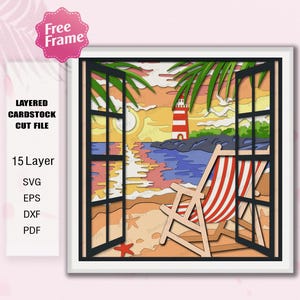 Vista della spiaggia al tramonto in formato SVG, file di taglio per finestra 3D con sedia e faro, file Cricut con vista costiera estiva, file SVG a strati sull'oceano /K413