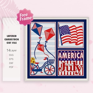 Caja de sombras patriótica de EE. UU., caja 3D con bandera estadounidense, 4 de julio, bicicleta estadounidense, decoración con bandera estadounidense, día de la independencia, archivo para Cricut