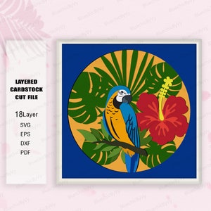 Parrot Tropical Bird Shadow Box SVG, Parrot Shadow Box, Per cricut, Parrot Bird Light Box Svg, Shadow Box Gift, fiore pappagallo, pappagallo svg