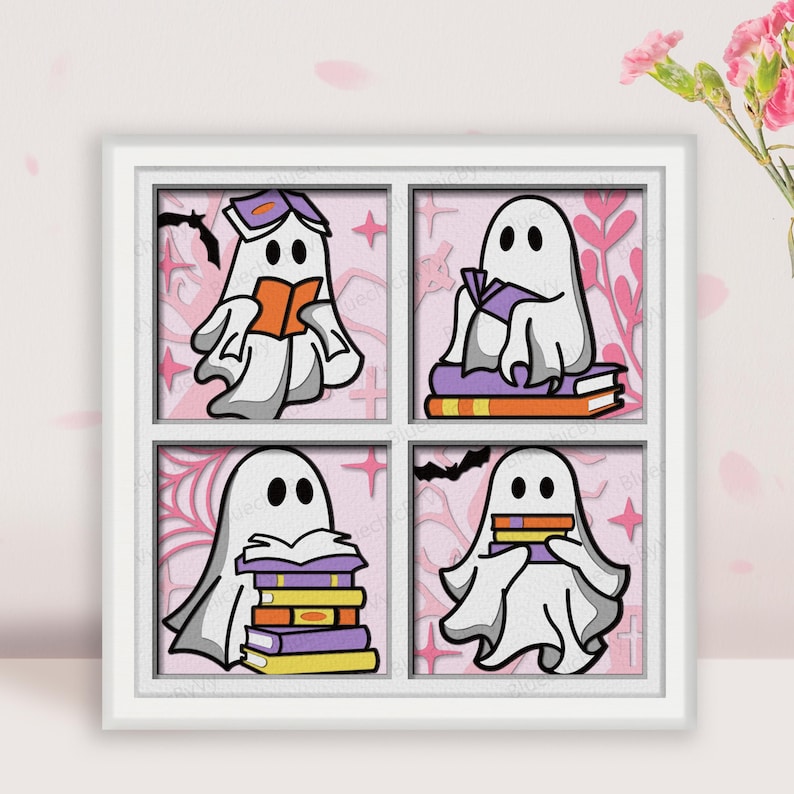 May include: Four white ghosts with different expressions are reading books in a pink and white window frame. The ghosts are sitting on stacks of books.