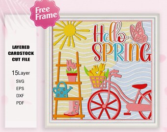 Hallo Frühling Schatten Box SVG, Frühling Garten Schatten Box, Frühling Fahrrad 3D Box, Frühlingsgeschenk, Willkommen Frühling Schatten Box, für Cricut, Frühling Dekor